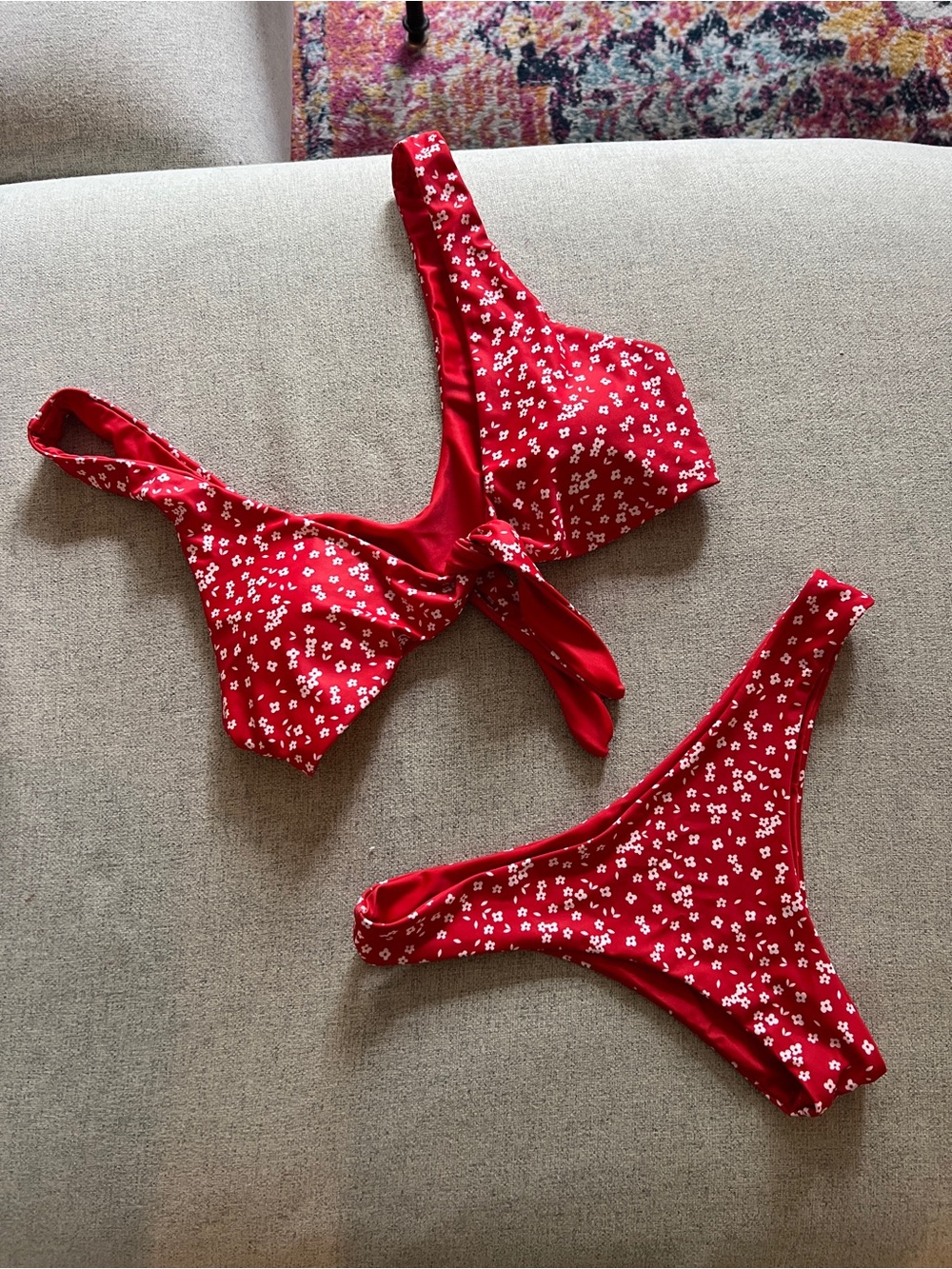 SHEIN Red Floral Tie-Front Bikini Top